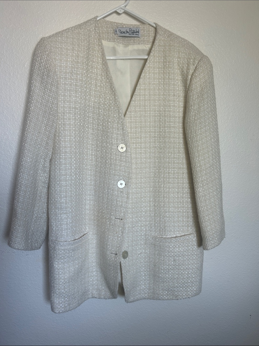 Vintage Diane Von Furstenberg Cream Textured Tweed Blazer